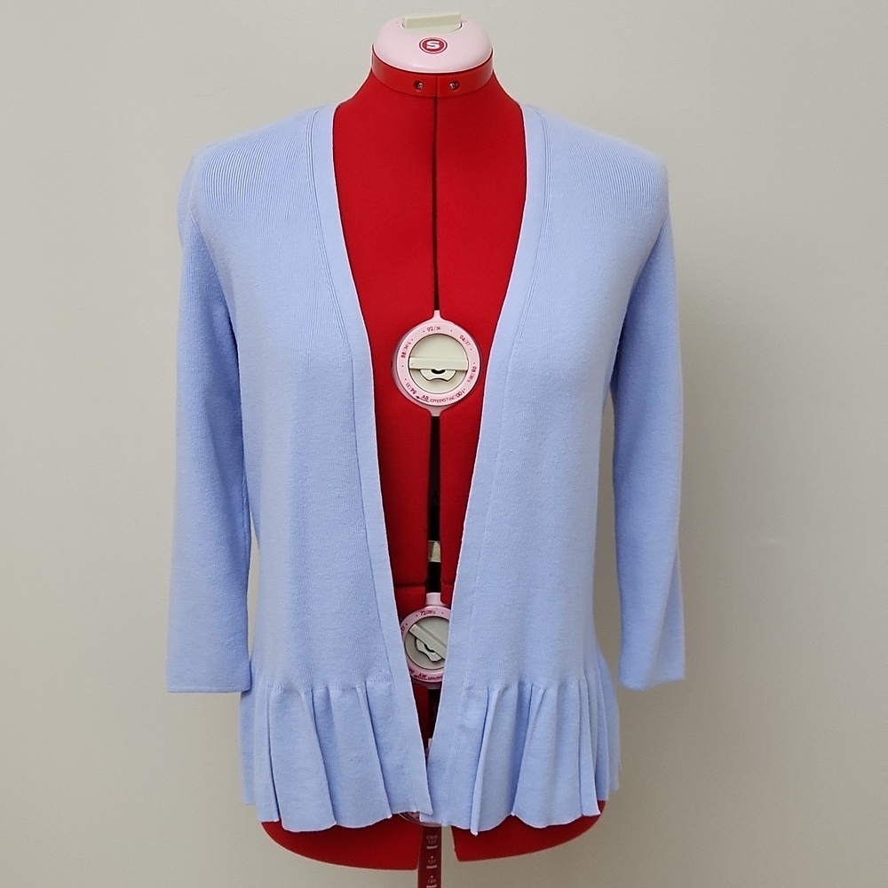 Talbots Petite Open Front Cardigan Light Blue 3/4 Sleeve Ruffle Hem SP